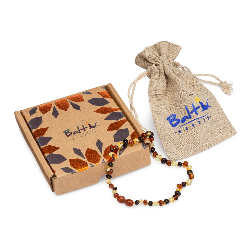 Amber Necklace Baroque Polished Dark Multicolor Pop Clasp (Unisex) - Anti Inflammatory, Pain Reduce Properties - Certificated Natural Baltic Jewelry, Highest Quality.